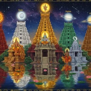 A majestic celestial scene depicting nine ornate Hindu temples arranged in a perfect mandala formation, each temple radiating its planetary color - Sun temple in copper-gold, Moon temple in pearl-white, Mars temple in deep red, Mercury temple in emerald green, Jupiter temple in yellow-gold, Venus temple in silver-white, Saturn temple in deep blue, Rahu temple in smoky grey, and Ketu temple in brown. The temples feature intricate Dravidian architecture with towering gopurams adorned with sacred geometric patterns. Above each temple, their respective planetary deities hover in ethereal forms - Surya on his seven-horse chariot, Chandra on his chariot pulled by white horses, Mangala wielding his spear, Budha holding his bow, Brihaspati with his book and beads, Shukra holding a white lotus, Shani mounted on his crow, Rahu's serpentine form, and Ketu's comet-like appearance. The scene is illuminated by cosmic light streams in corresponding planetary colors. In the foreground, a serene reflection pool mirrors the entire cosmic arrangement, with floating lotus flowers in metallic gold. The background shows a star-filled galaxy with constellations connected by golden lines. The artwork combines traditional Pattachitra patterns with modern digital art techniques, featuring a color palette of deep cosmic blues, celestial purples, and metallic golds. The scene is framed by intricate mandala patterns containing zodiac symbols in gold filigree work.