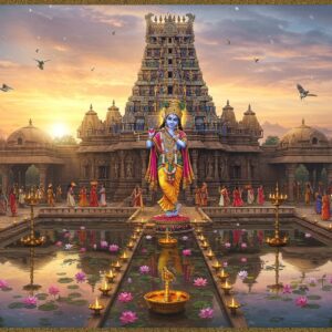 A majestic aerial view of the Navamohana Krishna Temple at sunrise, with golden sunrays illuminating its ornate gopuram decorated with intricate Dravidian architecture. The temple's reflection shimmers in a lotus pond filled with pink and white flowers. Lord Krishna stands in the tribhanga pose at the center, with deep blue skin tone, wearing a yellow pitambara, elaborate peacock feather crown, and playing his divine flute. Devotees in traditional Indian attire circumambulate the temple, carrying offerings of flowers and ghee lamps. The scene is enhanced with floating mandalas, subtle divine light streams, and ethereal peacock feathers. The foreground features detailed Madhubani-style border patterns in gold and maroon, while the background shows a mystical sky with soft pastel clouds and glowing aura. The atmosphere captures both the spiritual grandeur and serene devotional mood, rendered in a style combining traditional Indian art with modern digital aesthetics. Eight pillars with intricate Krishna leela carvings frame the temple entrance, while sacred Tulsi plants and traditional deepa-stambhas line the pathway.