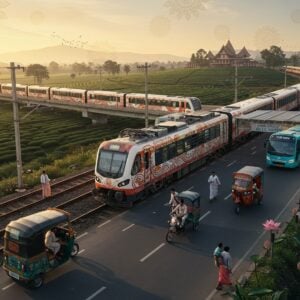 A stunning aerial view of Tinsukia city at golden hour, featuring a modern electric train adorned with traditional Assamese motifs gliding through the landscape. In the foreground, a contemporary auto-rickshaw decorated with vibrant Assamese gamochas weaves through clean streets. The scene includes both traditional cycle rickshaws with intricate Madhubani-style painted canopies and sleek electric buses with gold and peacock blue accents. The background showcases the iconic Bordubi Tea Estate with emerging smart transport infrastructure. The sky features a mesmerizing pattern of floating mandalas in soft pastel oranges and blues, while divine lotus flowers bloom along the roadside. The lighting creates a magical atmosphere with warm golden rays filtering through modern transport terminals designed with elements of traditional Assamese architecture. The scene includes Indian commuters in both modern and traditional attire, creating a harmonious blend of past and future. The art style combines hyperrealistic digital rendering with traditional Indian artistic elements, enhanced by ethereal lighting and sophisticated color grading.