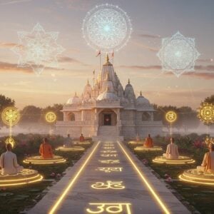 A serene Indian spiritual landscape at dawn, featuring a grand marble temple structure merging traditional and futuristic architecture, with holographic mandalas floating above. Multiple paths made of golden light lead to the temple, each adorned with distinctive symbols of major sampradayas - the Shankha and Chakra for Vaishnavism, Trishul and Rudraksha for Shaivism, Devi Yantra for Shaktism. The paths weave through a mystical garden with sacred plants like Tulsi and floating lotus flowers. In the foreground, three modern Indian spiritual seekers in contemporary meditation wear (whites and earthy tones) sit in padmasana on illuminated platforms. Ethereal light rays in saffron, white, and gold filter through sacred geometry patterns in the sky. The scene is enhanced with subtle digital elements like glowing Sanskrit symbols and flowing energy lines connecting different paths. Photorealistic rendering with a touch of digital art, atmospheric lighting with soft focus, deep perspective, and rich details in 8K resolution. The color palette combines deep spiritual colors (saffron, maroon, gold) with modern pastels (rose gold, mint, lavender).