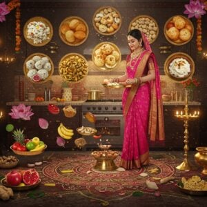 A divine kitchen scene featuring an ethereal Indian woman in a flowing pink silk saree with golden border, preparing Navratri bhog on a traditional brass thali. Nine distinct, floating golden circles behind her represent the nine days, each containing a different traditional Navratri dish - sabudana khichdi, kuttu ki puri, singhare ka halwa, makhana kheer, and more. The kitchen is adorned with fresh fruits, dry fruits, and rock salt. Intricate Madhubani-style patterns in deep maroon and peacock blue decorate the walls. Fresh marigold garlands and lotus flowers frame the scene. Soft, glowing diyas illuminate the space with warm golden light. A large mandala pattern on the floor radiates outward in concentric circles with traditional Indian motifs. The scene features floating ingredients like fresh pomegranate, banana, and ginger creating a magical atmosphere. The lighting is ethereal with subtle hints of divine sparkles. Modern stainless steel appliances blend seamlessly with traditional brass cookware. The art style combines hyperrealistic digital rendering with traditional Indian art patterns, emphasizing rich colors and intricate details.