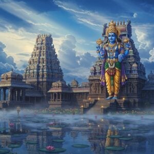 A majestic ancient Dravidian temple complex emerging from misty blue clouds, with its towering gopuram adorned with intricate traditional sculptures in deep lapis lazuli and gold. Lord Vishnu as Neelamegha Perumal stands tall in the center, his skin a divine deep blue like rain-bearing clouds, wearing a golden crown and precious jewels. He holds the Sankha in his upper right hand, Chakra in upper left, while his lower right hand is in Abhaya mudra and lower left hand rests on his hip. The temple's reflection shimmers in a serene lotus pond in the foreground. Ethereal rays of golden sunlight pierce through the blue clouds, creating a mystical atmosphere. Traditional Tamil architectural elements like mandapams with ornate pillars and stone sculptures are visible. The scene combines Pattachitra art style with modern digital aesthetics, featuring rich peacock blues, deep golds, and royal purples. Floating diyas and flower petals add a magical touch, while detailed mandalas and traditional rangoli patterns adorn the temple grounds.