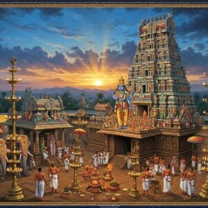 A majestic aerial view of Neelamegha Perumal Temple during festival time, illuminated by thousands of traditional brass oil lamps at dusk. The main temple tower features intricate Dravidian architecture with deep blue-hued clouds (neelamegham) hovering above. Lord Vishnu as Neelamegha Perumal stands tall in the central sanctum, portrayed in His characteristic blue complexion, holding the Sankha in upper right hand, Chakra in upper left hand, while lower right hand shows Abhaya mudra and lower left hand rests on waist. Multiple festival elements visible including decorated temple elephants with golden caparisons, devotees carrying colorful umbrellas, and priests performing rituals with sacred fire. Traditional temple musicians playing nagaswaram and thavil in the foreground. The scene is enhanced with ethereal golden light breaking through the blue clouds, creating a divine atmosphere. Intricate Madhubani-style border patterns frame the scene, incorporating peacock motifs and lotus designs in gold and deep blue. The overall composition captures both the grandeur of traditional Tamil temple festivals and the spiritual essence of the deity.