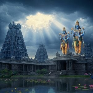 A majestic ancient South Indian temple with soaring gopurams in deep blue hues against a dramatic stormy sky, capturing the essence of Neelamegha (blue clouds). Lord Vishnu stands tall in the center, depicted in traditional form with four arms holding sankha, chakra, gadha, and padma, adorned in rich blue silk and gold ornaments. The temple architecture features intricate Dravidian stone carvings with mythological scenes, highlighted by golden morning sunlight breaking through rain clouds. The foreground shows a serene temple tank with floating lotus flowers and reflection of the gopuram. Mystical peacocks dance in the temple courtyard amid blooming champaka flowers. The scene is rendered in a fusion of traditional Thanjavur painting style with modern digital art techniques, incorporating deep indigos, royal blues, and burnished gold. Soft rays of divine light filter through the clouds, creating a ethereal atmosphere. The perspective should be slightly elevated to showcase the temple's grandeur, with detailed mandapams and prakarams visible in diminishing perspective.