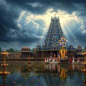 A majestic ancient South Indian temple with deep blue-hued granite towers emerges through mystical rain clouds, the main gopuram reaching towards a dramatic sky filled with dark blue monsoon clouds. Lord Vishnu stands tall in his signature pose with four arms - upper right holding the Sudarshana Chakra, upper left holding the conch shell, lower right in abhaya mudra, and lower left resting on his hip. His skin is the color of rain-filled clouds, adorned in rich yellow silk dhoti and gold ornaments. A large sacred pond reflects the temple architecture, with blooming lotus flowers in various stages. The scene is illuminated by golden divine light breaking through the clouds, creating a ethereal atmosphere. The temple grounds feature intricate Dravidian architecture with detailed stone carvings of various avatars of Vishnu. Traditional Tamil-style oil lamps line the pathway, their flames creating a warm glow against the cool blue tones. In the foreground, devotees in traditional South Indian attire perform pradakshina around the temple. Art style combines hyperrealistic architectural details with mystical lighting and traditional Indian artistic elements, rendered in a modern digital painting style with emphasis on the interplay of light and shadow.