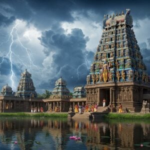 A majestic ancient South Indian temple with distinctive Dravidian architecture, its towering blue-hued gopuram reaching into dramatic storm clouds that resemble Lord Vishnu's complexion. The temple structure features intricate stone carvings of celestial beings and traditional motifs in gold and deep blue colors. In the foreground, a serene temple pond reflects the structure perfectly, with blooming pink lotus flowers. Lord Vishnu stands majestically in the center, with four arms holding the Sankha, Chakra, Gada, and Padma, adorned in rich blue silk vastram and gold ornaments. Soft golden light filters through the clouds, creating a divine atmosphere. The scene includes devotees in traditional South Indian attire circumambulating the temple. Ethereal peacock blue and gold aura surrounds the entire composition. The art style combines hyperrealistic digital rendering with traditional Tanjore painting elements, featuring detailed architectural elements, ornate pillars, and stone sculptures in the background. The lighting emphasizes the mystical blue theme while maintaining photographic quality.