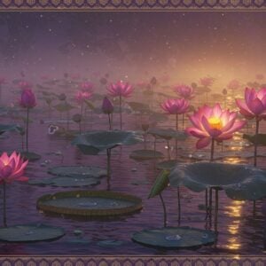A stunning, large lotus pond at twilight with multiple Nelumbo nucifera (pink sacred lotus) flowers in various stages of blooming, from buds to fully opened flowers. The lotus plants emerge from crystal-clear water that reflects the golden-purple sky. Traditional Indian Madhubani-style borders frame the scene, featuring intricate geometric patterns in gold and peacock blue. In the foreground, detailed botanical illustrations show the lotus's distinctive circular leaves, some raised high above the water, others floating. Delicate water droplets bead on the leaves, demonstrating their hydrophobic properties. The background features a gradient from deep underwater roots to surface flowers, showing the plant's complete lifecycle. Small native water birds and dragonflies interact naturally with the plants. The lighting is ethereal with soft golden rays filtering through the lotus petals, creating a dreamy, spiritual atmosphere. The composition includes both close-up details of the lotus's distinctive seedpod and a wider ecosystem view, rendered in a style blending traditional Indian art with modern digital precision. Atmosphere is misty and magical, with subtle glowing elements around the flowers.