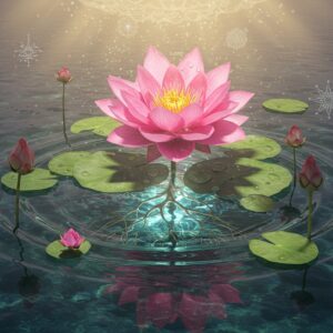 A majestic pink lotus flower emerges from crystal-clear sacred waters, rendered in hyperrealistic detail with droplets of water glistening on its petals. The central flower is surrounded by lotus leaves in various stages of growth, creating concentric circles. The scene is illuminated by golden divine light streaming from above, creating ethereal reflections on the water's surface. Beneath the water, intricate roots and rhizomes are visible in scientific detail, showing the plant's taxonomy. The background features a subtle Madhubani-style pattern with geometric mandala designs in soft pastel blues and pinks. Floating around the main lotus are smaller, translucent sacred geometric patterns representing DNA helixes and botanical classification symbols. The composition is framed by delicate lotus buds in various stages of blooming, with some showing detailed cross-sections. The water ripples create perfect concentric circles, suggesting both scientific precision and spiritual significance. Photorealistic rendering, volumetric lighting, cinematic composition, 8k resolution, highly detailed.