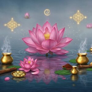 A serene lotus pond at dawn with a majestic pink Nelumbo Nucifera in full bloom at the center, its petals perfectly detailed with intricate Madhubani-style patterns. An ethereal Indian Ayurvedic practitioner in pristine white cotton garments performs healing rituals nearby, surrounded by floating brass bowls containing lotus-based medicines. Golden sacred geometry patterns float in the air, intertwining with wisps of aromatic steam rising from the bowls. The scene is illuminated by soft, diffused morning light creating a mystical atmosphere. In the foreground, carefully arranged lotus parts - seeds, stems, and leaves - display their medicinal properties through subtle golden auras. Floating orbs of light in pastel blues and pinks add a magical quality. The water reflects the scene like a mirror, creating perfect symmetry. The art style combines hyperrealistic botanical details with ethereal Indian traditional art elements, rendered in a modern digital aesthetic with deep peacock blues, rose pinks, and hints of gold throughout the composition.