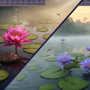 A serene Indian pond scene split diagonally, showcasing two distinct water lilies in contrasting styles. On the left, a large pink Nelumbo Nucifera (Sacred Lotus) with distinctive raised circular leaves, droplets of water beading off its petals, and a prominent seed pod in sacred geometry pattern. On the right, the blue Nymphaea Caerulea (Blue Lotus) with flat, circular leaves floating on the water surface, featuring star-shaped blooms with pointed petals. A gentle morning mist hovers over the water, with golden sunrise rays creating a ethereal glow. Intricate Madhubani-style border patterns frame the scene, incorporating traditional Indian motifs in deep indigo and gold. The water reflects the sky in a mirror-like surface, creating perfect symmetry. Small butterflies and dragonflies hover around both species, adding movement. The scene is rendered in a hyper-realistic digital art style with attention to botanical accuracy, while maintaining a dreamy, spiritual quality through soft lighting and rich, jewel-toned colors.