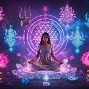 A modern Indian woman in her 30s wearing a contemporary fusion outfit (flowing white dress with traditional embroidery) seated in lotus position on a crystalline platform, surrounded by holographic projections of the Dasha Mahavidyas. Behind her, a large, intricate yantra made of neon light and sacred geometry patterns floats in space. The Trishul of Shakti, rendered in glowing energy, stands vertically behind her. Multiple lotus flowers in various stages of bloom, rendered in both traditional Madhubani style and digital neon colors, float around her. The background features a cosmic blend of deep purple and electric blue, with subtle mandalas and Sanskrit symbols floating like constellations. A spiral of Kundalini energy, visualized as golden light with hints of pink and blue, rises from the base of the platform. The lighting is ethereal, with soft pink and golden auras. Small floating crystals and modern meditation devices are scattered in the scene. The composition combines ancient Tantric symbolism with futuristic elements, creating a bridge between traditional Shaktism and its modern interpretation. Hyper-detailed, digital art with photorealistic elements, atmospheric lighting, and subtle particle effects.