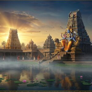 An ancient South Indian temple complex with Lord Vishnu as Nilathingal Thundam Perumal in his reclining pose on Adisesha, rendered in hyperrealistic digital art style. The deity is depicted with four arms - upper right hand holding the Chakra, upper left hand holding the Conch, lower right hand in Abhaya mudra, and lower left hand pointing towards his feet. The temple architecture features intricate Dravidian gopurams with golden kalasams glowing in the sunrise. The foreground shows a pristine temple tank with floating lotus flowers, their petals creating geometric patterns on the water surface. Ethereal morning mist surrounds the temple, with rays of sunlight creating divine beams through the fog. Modern devotees in traditional attire walking through the temple premises. The color palette combines deep blues, gold, and saffron, with hints of emerald green from the surrounding vegetation. The scene is enhanced with subtle mandala patterns in the sky, and the entire composition is framed by ornate Pattachitra-style decorative borders with peacock motifs. The lighting is mystical with a combination of golden morning sunlight and divine aura emanating from the deity.