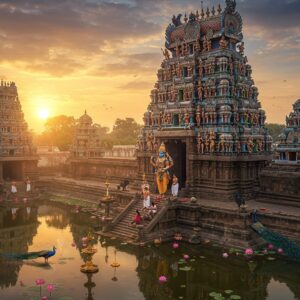 A majestic aerial view of Nithyakalyana Perumal Temple during sunrise, with golden rays illuminating its ornate Dravidian architecture, featuring intricate gopurams decorated with colorful sculptures. Lord Vishnu as Nithyakalyana Perumal stands in the center, four-armed, holding Sankha in upper right hand, Chakra in upper left hand, while lower right hand shows Abhaya mudra and lower left hand rests on hip. He wears a rich gold pitambaram, traditional jewelry, and a gleaming crown. The temple pond reflects the structure perfectly, with blooming pink lotus flowers. In the foreground, devotees in traditional attire perform archana with flowers and deepams. The scene is enhanced by ethereal light streams, subtle mandala patterns in the sky, and peacocks near the temple steps. The color palette includes deep maroons, peacock blues, and gold accents, blending Madhubani-style decorative elements with photorealistic architecture. Soft morning mist adds depth and mystical atmosphere.