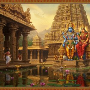 A majestic ancient South Indian temple architecture with towering gopuram adorned with intricate Dravidian sculptures, predominantly in gold and saffron hues. Lord Vishnu as Nithyakalyana Perumal stands regally in the center, portrayed with four arms holding Sankha, Chakra, Gadha, and lotus, wearing a golden crown and ornate jewelry. His divine consort Lakshmi sits gracefully by his side on a magnificent lotus throne. The temple complex features traditional stone mandapams with carved pillars, reflecting in a sacred temple tank filled with lotus flowers. Soft ethereal light streams through the pillars, creating dramatic shadows. The foreground shows devotees performing pradakshina around the temple. Intricate Madhubani-style patterns border the scene, incorporating peacocks, lotus motifs, and traditional Tamil temple elements. The lighting is warm and divine, with subtle golden rays emanating from behind the main deity. The art style combines hyperrealistic architectural details with mystical, spiritual elements, rendered in a modern digital aesthetic while maintaining traditional Indian art sensibilities.