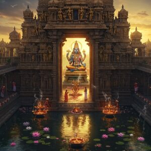 A majestic aerial view of Nithyakalyana Perumal Temple during golden hour, with Lord Vishnu's divine form in sleeping posture on Adisesha visible through the temple's ornate entrance, rendered in a blend of photorealistic and traditional Indian art style. The temple architecture features intricate Dravidian details with golden-hued granite walls and towering gopurams adorned with detailed sculptures. Soft mystical light streams through the pillared corridors, creating ethereal patterns on the ancient stone floor. In the foreground, a serene temple pond reflects the structure perfectly, with floating lotus flowers in pink and white. The scene is enhanced by gentle swirls of incense smoke and scattered flower petals, with devotees in traditional attire circumambulating the temple. The color palette focuses on deep blues, rich golds, and warm earthy tones, with subtle digital art elements like glowing auras and particle effects adding a contemporary touch. Hyperrealistic details in the architecture, with dramatic lighting and cinematic composition, 8k resolution, highly detailed.