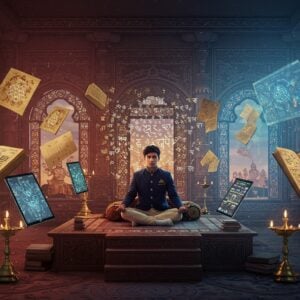 A majestic Indian library setting with floating ancient palm leaf manuscripts transforming into modern digital tablets and smartphones, all emanating golden Sanskrit letters that dissolve into multiple language scripts. In the center, a young Indian scholar in contemporary clothing (navy blue blazer, white kurta) sits in padmasana on a carved wooden platform, surrounded by a glowing mandala of interconnected neural network patterns. Traditional Madhubani-style borders frame the scene, featuring peacocks and lotus motifs in deep indigo and saffron. Holographic projections of ancient texts hover in the air, while brass oil lamps cast a warm, ethereal glow. The background shows a gradient from deep maroon to celestial blue, with subtle sacred geometry patterns. Intricate Pattachitra-style illustrations on the walls depict scenes from ancient Indian wisdom traditions. The lighting is dramatic with god rays filtering through ornate temple windows, creating a mystical atmosphere. The scene combines photorealistic rendering with traditional Indian art elements, emphasizing the bridge between ancient wisdom and modern technology. Hyperdetailed, cinematic lighting, 8k resolution.