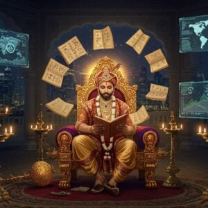 A majestic Indian ruler seated on an ornate golden throne, wearing a richly detailed royal attire with precious gems and traditional Indian crown, studying ancient Sanskrit manuscripts floating in a mystical spiral around him. The background features a grand durbar hall with contemporary glass skyscrapers visible through massive archways, creating a bridge between ancient and modern. The scene is illuminated by both traditional oil lamps and modern holographic displays showing political data and global maps. Traditional Madhubani-style border patterns frame the scene, with intricate peacocks and lotus motifs in deep royal blue and gold. Sacred threads and yantra patterns float ethereally in the air, rendered in a combination of traditional Indian art style and modern digital aesthetics. The lighting creates a dramatic interplay of warm golden light from the traditional elements and cool blue technological glow from the modern aspects. The composition includes subtle symbols of governance - a royal scepter, a dharma chakra, and modern diplomatic symbols, all rendered in a harmonious blend of classic and futuristic styles.