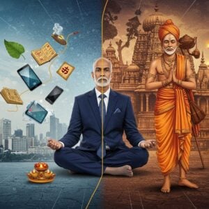 A serene Indian scholar in contemporary business attire (navy blue suit) seated in padmasana on a modern office desk, merging with his ancient counterpart wearing traditional dhoti and angavastram. The scene split diagonally - one half showing modern Mumbai skyline with glass buildings, the other half showing ancient Indian temple architecture. A glowing golden thread connects both realms. Intricate Madhubani-style patterns flow through the background, featuring sacred geometry and mandala motifs in deep indigo and burnished gold. Floating around them are modern objects (smartphone, laptop) intertwined with ancient symbols (palm leaf manuscripts, oil lamps). Soft ethereal light bathes the scene, creating a mystical atmosphere. The color palette combines corporate blues and grays with traditional Indian saffron and maroon. The scholar's expression is wise and contemplative, with a subtle smile. Floating lotus flowers transition between both worlds, some digital and crystalline, others traditional and organic. The art style merges hyperrealistic digital art with traditional Pattachitra techniques, creating a seamless blend of ancient and modern aesthetics.