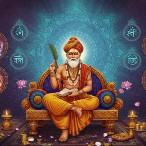A majestic Indian scholar in traditional dhoti and angavastram, seated cross-legged on an ornate golden throne, surrounded by intricate Madhubani-style border patterns. The scholar holds ancient palm leaf manuscripts in one hand and gestures teachings with the other. Behind him, a large, ethereal mandala glows in soft blues and golds, with Sanskrit symbols elegantly woven into its design. Four smaller circular vignettes float in the corners, each depicting different aspects of life: governance (a royal crown), wisdom (an illuminated lamp), ethics (balanced scales), and prosperity (golden coins). The scene is enhanced by floating lotus flowers, subtle sacred geometry patterns, and a warm, divine light emanating from above. The color palette combines deep royal purples, burnished golds, and peaceful teals. The art style merges traditional Indian miniature painting techniques with modern digital art, creating a sophisticated, contemporary spiritual aesthetic. Multiple layers of translucent sacred geometry patterns overlay the entire scene, suggesting depth and divine wisdom.
