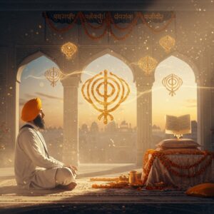 A serene Sikh devotee in a pristine white kurta and saffron turban sits cross-legged in meditation during golden hour, surrounded by floating, ethereal manifestations of the five morning prayers (Japji Sahib, Jaap Sahib, Tav-Prasad Savaiye, Chaupai Sahib, and Anand Sahib) visualized as shimmering, translucent golden threads forming intricate Gurmukhi patterns in the air. The Guru Granth Sahib rests on an elevated platform adorned with fresh marigold flowers and silk cloths. Soft rays of dawn light filter through ornate windows of a modern minimalist Gurudwara, creating a mystical atmosphere with particles of light dancing in the air. The scene incorporates subtle elements of traditional Sikh art with contemporary digital aesthetics, featuring a color palette of deep blues, rich golds, and warm saffron tones. Delicate mandalas and geometric patterns inspired by Sikh architecture float in the background, while a gentle aura of divine light emanates from the sacred text. Hyperrealistic digital art style with atmospheric lighting and volumetric fog effects.