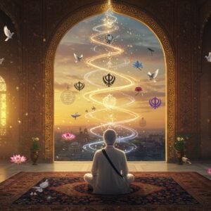 A serene scene of a young Sikh person in meditation, wearing traditional white kurta-pajama, sitting cross-legged on an intricately patterned carpet with Madhubani-inspired borders. The background features a massive golden arch with Gurmukhi patterns etched in glowing light. Five ethereal, translucent streams of light in different colors (representing the five banis) spiral upward around the figure. Each stream contains delicate, floating motifs of khanda symbols and geometric patterns. The scene is set during sunrise, with soft golden rays filtering through ornate jharokha-style windows. Floating lotus flowers and peaceful doves surround the space. The lighting is mystical with a combination of dawn's natural light and spiritual aura, creating a gradient from deep indigo to warm gold in the sky. The art style combines hyperrealistic digital rendering with traditional Indian miniature painting techniques, emphasizing fine details in the architectural elements and clothing folds. Small particles of light dance in the air, suggesting divine presence.