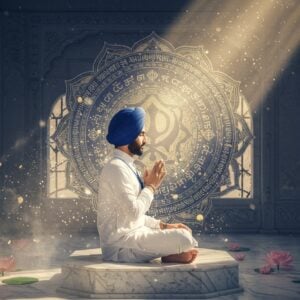A serene young Sikh man in a pristine white kurta and blue turban sits in peaceful meditation on a marble platform, illuminated by golden morning sunlight. A massive, intricate mandala pattern floats behind him, composed of Khanda symbols and geometric patterns in deep blue and gold. Multiple ethereal, translucent layers show the same figure performing various stages of morning prayer, creating a harmonious visual timeline. Small particles of divine light spiral around him, while beautifully detailed Gurmukhi calligraphy dissolves into flowing energy streams. The scene is set in a contemporary minimalist space with floating lotus flowers and subtle sacred geometric patterns. Soft mist swirls at his feet, while rays of dawn pierce through ornate jharokha-style windows. The color palette features royal blue, pure white, and warm gold tones. The art style merges photorealistic details with spiritual symbolism, rendered in high-quality digital art with atmospheric lighting and depth of field effects.