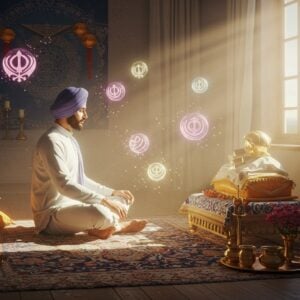 A serene early morning scene showing a young Sikh person in traditional white kurta-pajama, performing Nitnem prayers in a peaceful meditation space. The figure sits cross-legged on an intricately patterned meditation mat with traditional Punjabi motifs. A soft golden light streams through a window, creating ethereal rays that illuminate the space. The Guru Granth Sahib is placed reverently on an elevated platform with ornate decorations. Around the figure, five glowing balls of light represent the five daily prayers (Panj Bani), each with a distinct soft pastel color. Floating spiritual symbols and delicate patterns inspired by Gurmukhi calligraphy swirl in the air. The background features a subtle mandala pattern in peacock blue and gold. Decorative elements include brass utensils, fresh flowers, and a traditional chaur sahib. The overall atmosphere is mystical and peaceful, with a modern minimalist interior design complementing the traditional elements. Photorealistic digital art style with soft lighting and a dreamy quality.