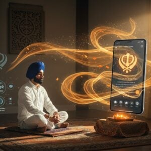 A young Sikh man in a pristine white kurta and neatly tied royal blue turban sits cross-legged on an ornate meditation cushion, illuminated by soft golden morning light streaming through a window. A sleek smartphone hovers ethereally beside him, displaying a beautifully designed prayer app with Gurmukhi script. The scene is set in a modern minimalist room with traditional Punjabi elements - a khanda symbol artistically carved on the wall emanates a subtle glow. Around him, translucent, flowing ribbons of light in saffron and deep blue carry whispers of prayer, forming dynamic, intricate patterns reminiscent of Gurmukhi calligraphy. Multiple semi-transparent layers showing the Five Ks of Sikhism float in a spiral pattern. The lighting is warm and spiritual, with lens flares and particle effects creating a seamless blend between traditional and digital elements. The art style combines photorealistic rendering with magical realism, featuring rich colors and subtle sacred geometry patterns in the background. Small holographic widgets displaying sunrise and prayer times float discretely in the corners, while digital lotus petals scatter across the scene.