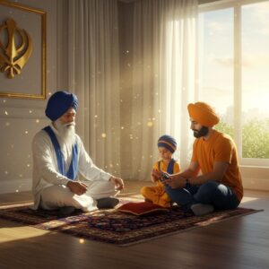A serene Indian Sikh family in their modern living room during sunrise, performing Nitnem prayers together. The elderly grandfather in a pristine white kurta and blue turban sits cross-legged on an intricately designed prayer mat, his eyes closed in peaceful meditation. Next to him, a young father in contemporary clothes and orange turban teaches his small child to hold the Gutka Sahib. Soft golden morning light streams through large windows, creating a heavenly glow around them. The room features a beautiful display of the Khanda symbol rendered in polished brass on the wall, with flowing white curtains. A traditional brass karha gleams on their wrists. The scene is composed with gentle ambient lighting, with rays of light creating a divine atmosphere. Floating particles of light add to the spiritual ambience. The color palette consists of whites, deep blues, and warm golds. The art style combines photorealistic rendering with subtle spiritual elements like glowing auras and ethereal light effects. The overall composition suggests peace, tradition, and family unity.
