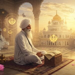 An elderly Sikh man with a flowing white beard and traditional white kurta, sitting cross-legged on an intricately patterned meditation mat during sunrise, performing Nitnem prayers with divine golden light surrounding him. The Guru Granth Sahib rests on an ornate wooden stand beside him. In the background, a modern minimalist Gurudwara with clean architectural lines glows in soft morning light, while floating mandalas and Khanda symbols in ethereal gold and blue create a spiritual atmosphere. Rays of light stream through windows, casting geometric patterns. Multiple semi-transparent layers show the same figure in different prayer positions, suggesting the daily routine. Floating lotus flowers and peaceful doves in pastel hues complete the scene. The art style combines photorealistic details with ethereal digital effects, maintaining cultural authenticity while appearing contemporary. Lighting is warm and serene with a mix of golden sunrise hues and cool morning blues. Ultra detailed, cinematic composition, divine atmosphere --ar 16:9