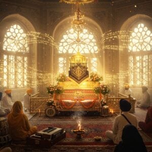 A serene Sikh temple interior with golden light streaming through ornate windows, where multiple devotees from diverse backgrounds sit in meditation. In the center, an illuminated Guru Granth Sahib on an elevated platform, adorned with fresh flowers and traditional decorative cloths. The scene features floating, ethereal musical notes and sacred verses in different scripts (Gurmukhi, English, Hindi) transforming into streams of golden light. The atmosphere is enhanced by morning rays creating a divine ambiance, with incense smoke forming delicate patterns. Traditional Sikh architectural elements like intricate jharokhas and geometric patterns blend with modern minimalist design. The color palette includes deep royal blues, golden yellows, and warm whites. In the foreground, traditional instruments like the Tabla and Harmonium rest on ornate rugs. The art style combines photorealistic details with subtle magical realism, rendered in a high-end digital art aesthetic with soft bokeh effects and volumetric lighting.