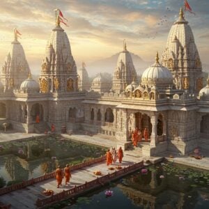 A majestic aerial view of an ancient North Indian temple complex with pristine white marble domes and golden spires piercing through morning mist, rendered in a blend of Madhubani and modern digital art style. The temple architecture features intricate carvings of Hindu deities and mythological scenes in rich gold and saffron hues. In the foreground, a group of pilgrims in traditional Indian attire (kurtas and dhotis) walking on a stone path lined with blooming lotus flowers. The scene is illuminated by warm, divine light streaming through clouds, creating ethereal halos around the temple towers. Sacred symbols like the sankha (conch) and chakra float as glowing ethereal elements in the sky. The landscape includes sacred ponds with crystal-clear water reflecting the temples, surrounded by beautifully manicured gardens with peacocks. The color palette combines deep maroons, peacock blues, and gold with soft pastels. Floating diyas and flower petals add a magical element. The art style emphasizes both architectural grandeur and spiritual serenity, with photorealistic details enhanced by surreal lighting effects.