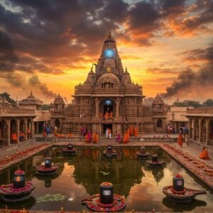 A majestic aerial view of an intricately detailed North Indian Shiva temple complex at sunset, with Lord Shiva's iconic Trishul emerging from the central spire, glowing with divine blue energy. The temple architecture features detailed Nagara-style carved stone work with multiple shikaras, adorned with sacred symbols and geometric patterns. In the foreground, a serene water reflection pool mirrors the temple, filled with floating lotus flowers and diyas. The sky features dramatic clouds in shades of deep orange and purple, with streams of golden light breaking through. Smoke from ceremonial fires carries vibrant sparks upward, creating mystical patterns. Modern Indian pilgrims in contemporary clothing walk the temple premises, while holy sadhus in traditional saffron robes meditate nearby. The scene is enhanced with subtle digital elements like glowing mandalas and sacred geometry patterns floating in the air. The color palette combines traditional earthy tones of sandstone with vibrant spiritual blues and warm golds. The art style merges photorealistic architectural details with ethereal, mystical elements, creating a seamless blend of ancient and contemporary aesthetics. Multiple small Shiva lingams surrounded by sacred water and flowers dot the temple complex, visible from the aerial perspective.
