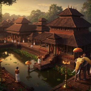A majestic aerial view of a traditional Kerala temple complex at golden hour, featuring distinctive Malabar architecture with multiple copper-topped shrines and steep, tiered roofs adorned with intricate brass kalasams. The main temple, built in Kerala's distinct architectural style, stands prominently with its deep red laterite stone walls and elaborate wooden carvings. In the foreground, a serene temple pond (kulam) reflects the warm sunlight, surrounded by ancient banyan trees with hanging roots. Oil lamps and brass deepastambhams (traditional lamp posts) illuminate the pathways. An elephant adorned in gold-embroidered nettipattam and ceremonial parasols stands majestically near the temple entrance. Traditional Kerala-style oil lamps (nilavilakku) cast a warm, golden glow. The scene includes devotees in traditional Kerala attire (white and gold kasavu mundu and saree) performing pradakshina. The composition features rich, deep colors of gold, maroon, and copper, with intricate Malayali patterns and motifs integrated throughout. The atmosphere is enhanced by wisps of incense smoke and scattered marigold and lotus petals. The art style combines hyperrealistic digital rendering with traditional Kerala mural art elements, creating a mystical yet authentic atmosphere.