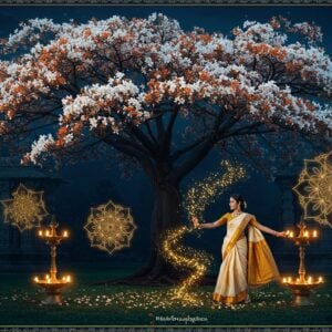 A moonlit garden scene featuring a magnificent Nyctanthes arbor-tristis tree in full bloom, its white-and-orange flowers radiating ethereal luminescence against a deep indigo night sky. The tree's branches create intricate patterns, adorned with clusters of star-shaped flowers. In the foreground, a young Indian woman in a flowing white silk saree with gold border performs a graceful dance, her movements creating ripples of golden light that interact with falling jasmine petals. Traditional brass oil lamps illuminate the scene from below, casting warm, flickering light. Delicate mandala patterns made of light float in the air, incorporating the distinctive flower shape of parijat. The background features ancient temple architecture with detailed carved pillars. Dew drops on the flowers sparkle like diamonds. The art style combines traditional Madhubani patterns in the border details with modern digital painting techniques, using a color palette of deep blues, brilliant whites, burnt orange, and metallic gold. Hyperrealistic botanical details of the flowers and leaves blend with magical surreal elements.