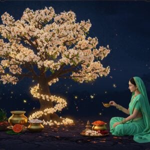 A luminous Parijat tree (Nyctanthes arbor-tristis) in full bloom against a mystical twilight backdrop, with its distinctive white petals and orange centers glowing ethereally. Small, star-shaped flowers float gracefully in the air, creating a spiral pattern. In the foreground, a serene Indian woman in a mint green saree performs Ayurvedic healing, surrounded by brass bowls containing Parijat leaves and flowers. Traditional Madhubani-style patterns frame the scene, incorporating medicinal herbs and healing symbols. The lighting is soft and divine, with golden rays filtering through the tree's branches. Magical fireflies dance around the scene, their light intermingling with falling Parijat flowers. The background features intricate mandala patterns in deep indigo and gold, representing the night-flowering nature of the tree. Hyper-realistic digital art style with strong attention to botanical accuracy, merging traditional Indian art elements with modern fantasy aesthetics. The scene exudes tranquility and healing energy, with a subtle glow emanating from the medicinal preparations.