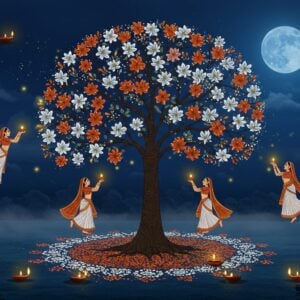 A mystical night garden scene featuring a luminous Nyctanthes arbor-tristis (Night Jasmine) tree as the centerpiece, its delicate white and orange flowers glowing ethereally against a deep indigo sky. The tree trunk shows intricate Madhubani-style patterns in gold. Floating around the tree are traditional Indian women in flowing white and orange sarees performing a graceful dance, their hands delicately holding parijat flowers. The ground beneath is carpeted with fallen flowers creating a mandala pattern in white and orange. In the background, a large moon in peacock blue casts a soft, spiritual glow. The scene includes floating diyas and glowing fireflies interweaving through the branches. Detailed botanical elements show the distinctive shape of the flowers and leaves. The composition features a dreamy, misty atmosphere with soft light emanating from the flowers themselves. Art style combines traditional Indian Miniature painting techniques with modern digital art aesthetics, emphasizing rich colors and intricate details. The overall mood is serene and magical, capturing the nocturnal beauty of the sacred tree.