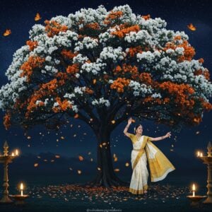 A mystical nighttime garden scene featuring a majestic Nyctanthes arbor-tristis tree in full bloom, its delicate white and orange flowers glowing ethereally against a deep indigo sky filled with twinkling stars. In the foreground, an elegant Indian woman in a flowing white silk saree with gold border performs a graceful dance, surrounded by falling jasmine petals. The tree's branches create intricate Madhubani-style patterns against the moonlit sky, while several orange butterflies flutter around the flowers. Soft beams of moonlight filter through the branches, creating a dreamy atmosphere. The scene includes traditional brass oil lamps (diyas) placed at the base of the tree, their warm golden light complementing the flower's natural luminescence. The overall composition follows a magical realism style with attention to botanical accuracy, incorporating both traditional Indian art elements and modern digital painting techniques. The color palette focuses on deep blues, whites, oranges, and gold, with a subtle spiritual aura emanating from the tree.