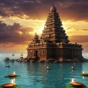 A majestic ancient Indian ocean temple emerging from turquoise waters at sunset, modeled after the Shore Temple of Mahabalipuram, with ornate Dravidian architecture featuring stepped pyramidal structures and intricate stone carvings. The temple's spires are reflected in the calm waters, creating a mirror-like effect. Weathered granite stones showcase detailed reliefs of celestial dancers and mythological scenes. In the foreground, traditional oil lamps float on lotus leaves, their flames creating golden reflections in the water. The sky features dramatic clouds in deep purples and oranges, with rays of sunlight breaking through to illuminate the temple. Ethereal blue mist surrounds the base of the temple, suggesting mystical energy. Small boats with silk sails in the distance add depth. Detailed mandala patterns in gold and azure decorating the temple walls, with water droplets catching the light. The scene combines photorealistic textures with mystical elements, rendered in a style blending traditional Indian art with modern digital techniques. The lighting emphasizes the golden hour glow on the ancient stones, creating a sense of timeless majesty.