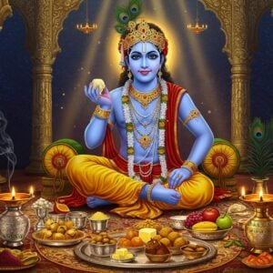 A detailed scene of Lord Krishna with a radiant blue complexion, adorned in vibrant yellow silk dhoti and peacock feather crown, seated cross-legged on an ornate golden throne. His right hand holds a butter ball while his left hand rests gracefully on his knee. Before him is an elaborate bhog arrangement on silver and golden thalis, featuring traditional offerings like butter, fruits, sweets, and fresh flowers arranged in a modern, aesthetic manner. The background features a magnificent temple interior with intricate Madhubani-style patterns on pillars, merged with contemporary geometric designs. Soft golden light streams through ornate windows, creating a divine atmosphere. Floating lotus flowers and peacock feathers frame the scene. The color palette combines deep blues, rich golds, and warm saffron tones. Modern glass and crystal vessels contain traditional offerings, creating a perfect blend of ancient and contemporary aesthetics. Delicate smoke from incense creates ethereal patterns in the air. The scene is rendered in a style that merges traditional Indian art with modern digital illustration techniques, highlighting both the sanctity of the ritual and its relevance in contemporary times.