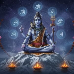 A majestic Lord Shiva in deep meditation, seated in Padmasana on a silver-white peak of Mount Kailash, his four arms gracefully positioned - upper right hand holding trishul, upper left hand holding damaru, lower hands in dhyana mudra. His serene face with half-closed eyes radiates divine calm, the crescent moon adorning his matted hair which flows with cosmic energy. The sacred Ganga flows from his locks. His body is adorned with vibhuti, serpents, and rudraksha malas. Around him, six ethereal, translucent golden Sanskrit syllables of "Om Namah Shivaya" float in a circular formation, each emanating soft blue light. The background features a cosmic mandala with intricate Madhubani patterns in deep indigo and silver. Mystical smoke from burning incense creates swirling patterns, while lotus flowers and rudraksha beads float in an orbital pattern. The scene is illuminated by a combination of moonlight and divine aura, creating a dreamy, spiritual atmosphere. The art style merges hyperrealistic digital rendering with traditional Indian artistic elements, emphasizing both divine grandeur and meditative peace.