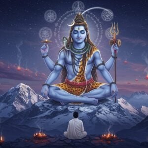 A serene Lord Shiva in deep meditation, seated in Padmasana on a snow-capped Himalayan peak, his eyes half-closed in peaceful contemplation. He has four arms - upper right hand holding damaru, upper left hand holding trishul, lower hands in dhyana mudra. His body glows with an ethereal blue aura, adorned with a crescent moon, serpents, and rudraksha beads. The sacred river Ganga flows from his matted locks. Around him, five translucent, concentric mandalas pulse with cosmic energy in shades of deep blue, silver, and gold. Sacred Sanskrit vibrations visualized as luminous waves emanate from his form. In the foreground, a modern Indian spiritual seeker in white clothing sits in meditation. The scene is illuminated by soft moonlight and floating diyas, creating a mystical atmosphere. The art style combines traditional Thanjavur painting elements with modern digital art techniques, featuring rich gold accents, intricate patterns, and a dreamy, spiritual quality. Floating lotus flowers, wisps of sacred smoke, and twinkling stars complete the composition.