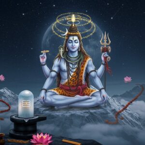 A serene Lord Shiva in deep meditation, seated in Padmasana on a silver-moonlit Himalayan peak, his four hands displaying Abhaya mudra, holding a damaru, trishul, and rudraksha mala. His form ethereal and semi-transparent, emanating a soft blue aura. Multiple translucent rings of sacred Sanskrit vibrations ripple outward from his third eye in golden light. He wears a crescent moon, has matted locks flowing with the celestial Ganga, and a cobra gracefully coiled around his neck. The background features a hyperrealistic night sky with stars forming subtle cosmic mandalas. In the foreground, a pristine crystal Shiva Lingam reflects moonlight, surrounded by floating lotus flowers and rudraksha beads in a sacred geometric pattern. Soft mist swirls at the base, with hints of sandalwood incense smoke creating mystical patterns. The art style combines traditional Thanjavur painting elements with modern digital art techniques, using a palette of deep blues, silver, gold, and ethereal whites. Photo-realistic rendering with spiritual overtones, extremely detailed, cinematic lighting.