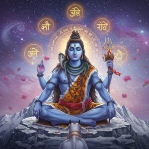 A majestic Lord Shiva in deep meditation, seated in Padmasana on a silver-white mountain peak resembling Mount Kailash, his four arms positioned in mudras. His upper right hand holds the Trishul, upper left hand holds Damaru, lower right hand in Abhaya mudra, and lower left hand holding a lotus. His body radiates a cosmic blue aura with intricate Madhubani-style patterns. The crescent moon adorns his matted locks, the third eye prominently visible. Around him, five concentric circles of golden light form a mandala, each circle containing ethereal Sanskrit characters dissolving into sparkles. The Ganga flows from his hair in streams of luminescent blue water. Nandi, his sacred bull, sits peacefully in the foreground. The background features a cosmic scene with floating lotus flowers, spiral galaxies, and shimmering stars in soft pastels of purple and blue. Modern digital art style merges with traditional Indian Pattachitra patterns. The scene is illuminated by a soft, divine glow emanating from Lord Shiva's meditation. Serpents with detailed scales coil around his neck, gleaming with metallic highlights. Hyperrealistic textures on the fabric and ornaments, with floating particles of light creating a mystical atmosphere.