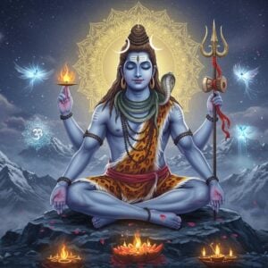 A serene, ethereal portrait of Lord Shiva in deep meditation, seated in Padmasana on a silver-moonlit Himalayan peak. His four arms gracefully positioned - upper right holding trishul, upper left holding damaru, lower hands in dhyana mudra. His eyes closed in peaceful meditation with a subtle divine smile. The sacred river Ganga flowing from his matted locks adorned with crescent moon. His body covered in vibhuti, a sacred rudraksha mala around his neck, and a cobra coiled peacefully around his shoulders. The Om symbol manifests as golden light behind him, creating a mandala-like halo. Surrounding him are five ethereal elements - earth (crystals), water (flowing streams), fire (small flames), air (wisps), and space (stars) - all rendered in a modern digital art style with rich deep colors. The scene is illuminated by a soft, divine blue light emanating from Shiva himself. In the foreground, intricate Madhubani-style patterns merge with modern sacred geometry. The background features a misty atmosphere with floating lotus petals and subtle hints of Mount Kailash. Hyperrealistic digital art style with magical realism elements.
