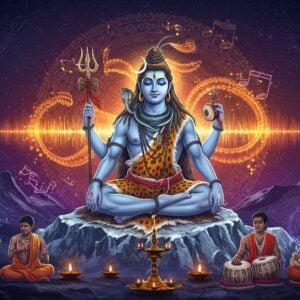 A majestic Lord Shiva in deep meditation, seated in Padmasana on a silver-white mountain peak representing Kailash, his form ethereally glowing with cool blue light. His four arms hold a trishul, damaru, rudraksha mala, and one in abhaya mudra. His matted locks flow with the cosmic energy, containing a crescent moon and the river Ganga. Around him, modern audio visualizer waves in sacred orange and gold colors pulse to form the shape of Om. The background features a blend of traditional Mandala patterns and modern geometric sound waves in deep purple and electric blue. Multiple transparent layers show young diverse Indian musicians with instruments like guitar, sitar, and tabla, their music notes transforming into small Om symbols. Floating crystal singing bowls emit vibrant sacred geometry patterns. The scene is illuminated by both traditional oil lamps and modern stage lights, creating a dynamic interplay of ancient and contemporary elements. Art style combines hyperrealistic digital art with traditional Indian Thangka painting techniques, emphasizing both spiritual depth and modern appeal.
