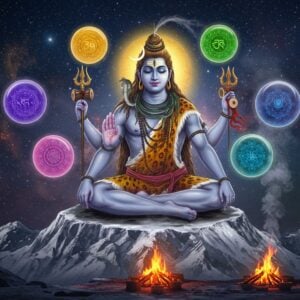A majestic Lord Shiva in deep meditation, seated in Padmasana on a silver-white mountain peak representing Mount Kailash. His form radiates five distinct auras of mystical energy in colors - deep blue (Na), forest green (Ma), golden yellow (Shi), cosmic purple (Va), and pure white (Ya). He has four arms - upper right holding trishul, upper left holding damaru, lower right in abhaya mudra, lower left in gyan mudra. His third eye glows with intense spiritual energy. The crescent moon adorns his matted locks, and the holy Ganges flows from his hair. Around him, five translucent cosmic spheres float in a circular pattern, each containing intricate Sanskrit-inspired mandalas with Madhubani art patterns. The background shows a ethereal cosmic realm with swirling galaxy patterns in deep indigo and gold. A sacred fire burns nearby, emanating smoke that forms subtle sacred geometrical patterns. The scene is illuminated by soft, otherworldly light creating a serene yet powerful atmosphere. Photorealistic digital art style with strong attention to detail in Indian spiritual iconography.