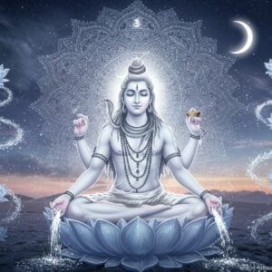 A serene, ethereal portrait of Lord Shiva in his Sadyojata form, depicted as a youthful, luminous being with fair complexion, seated in padmasana on a crystal lotus. Four arms holding a rosary, a water pot, displaying abhaya mudra, and vara mudra. His face radiates pure compassion and divine wisdom. Behind him, a massive intricate mandala in shades of silver and moonlight blue pulses with subtle energy. Floating crystal lotuses and streams of sacred water spiral around him. The background features a cosmic twilight scene with the crescent moon. Soft rays of white light emanate from his form, creating a mystical atmosphere. Subtle Sanskrit symbols float ethereally in the aura. The art style merges hyperrealistic digital art with traditional Indian iconography, featuring a modern aesthetic with detailed texturing and atmospheric lighting. Predominant colors include pristine whites, silver, crystal blues, and subtle gold accents. The overall composition suggests deep tranquility and spiritual awakening.