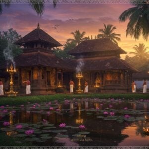 A magnificent ancient Kerala temple complex nestled in lush greenery, featuring traditional Kerala architecture with sloped tiled roofs and intricate wooden carvings. The main shrine glows with warm golden light from traditional brass oil lamps. In the foreground, a serene temple pond reflects the structure, adorned with blooming pink lotus flowers. Towering coconut palms frame the scene. The sky shows a mystical twilight with soft purple and orange hues. Ethereal streams of incense smoke curl through the air, creating a dreamy atmosphere. Traditional Kerala-style brass temple bells hang from ornate wooden beams. The scene includes detailed Madhubani-style patterns in the borders, featuring peacocks, elephants, and sacred symbols. A few devotees in traditional Kerala attire (white mundu and kasavu sarees) are seen performing pradakshina around the temple. The lighting is dramatic yet spiritual, with rays of golden sunlight filtering through the trees. Art style combines photorealistic architecture with mystical, surreal elements and traditional Indian art patterns.