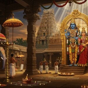 A majestic South Indian temple complex with distinctive Dravidian architecture, featuring a towering gopuram adorned with intricate golden sculptures. The main deity, Oppiliappan (Lord Vishnu), stands regally in the center, depicted with four arms holding the Sankha, Chakra, Gada, and Padma, wearing a rich golden pitambara and precious gem-studded crown. His consort Bhudevi stands beside him. The temple courtyard is alive with celebration - devotees in traditional Tamil attire performing bharatanatyam, carrying decorative temple umbrellas with bells, and holding brass deepams. Elaborate kolam patterns made with rice flour decorate the foreground. Temple elephants adorned with ornate decorations stand majestically near carved pillars. The scene is illuminated by hundreds of oil lamps creating a warm golden glow, while garlands of marigold and jasmine flowers cascade from the temple walls. Ethereal rays of divine light stream through the temple's ancient stone pillars. Style combines traditional Thanjavur painting techniques with modern digital art aesthetics, featuring rich colors like deep maroon, saffron, and gold with intricate traditional patterns and motifs. The atmosphere captures both the grandeur of ancient tradition and the vibrancy of modern celebration.
